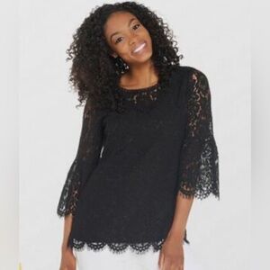 New Isaac Mizrahi Black Floral Lace Tunic Top 3/4 Bell Sleeve Size M Whimsigoth